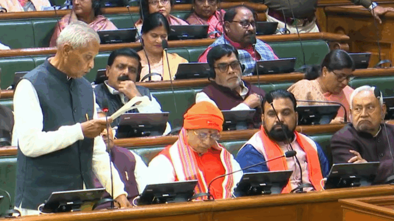 Bihar Finance Minister Bijender Prasad Yadav presenting Budget 2026-27 in Bihar Vidhan Sabha